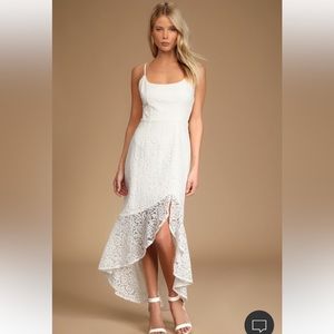 LuLus Always Gorgeous White Lace High Low Midi Dress wedding
